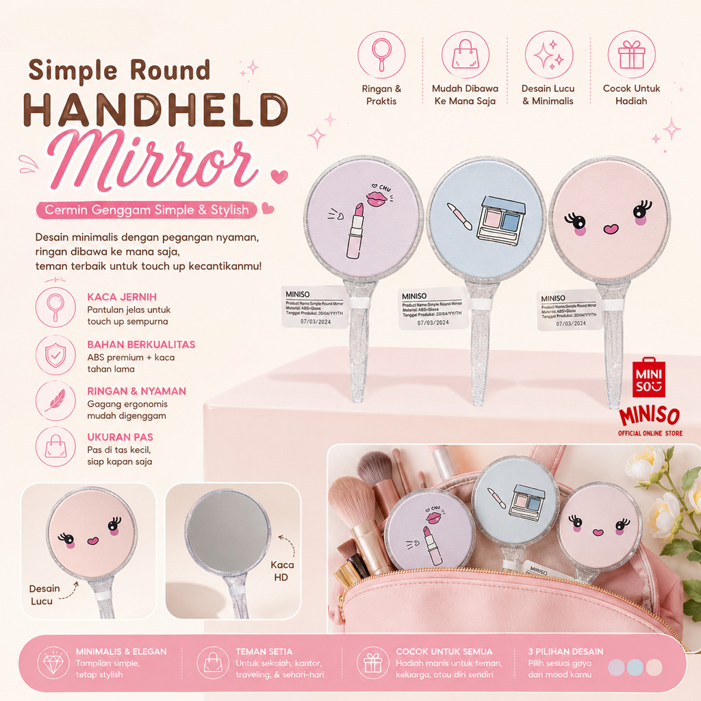 Official BALI MINISO Simple Round Handheld Mirror Cermin Makeup Hand Mirror Cermin Genggam Fashion P