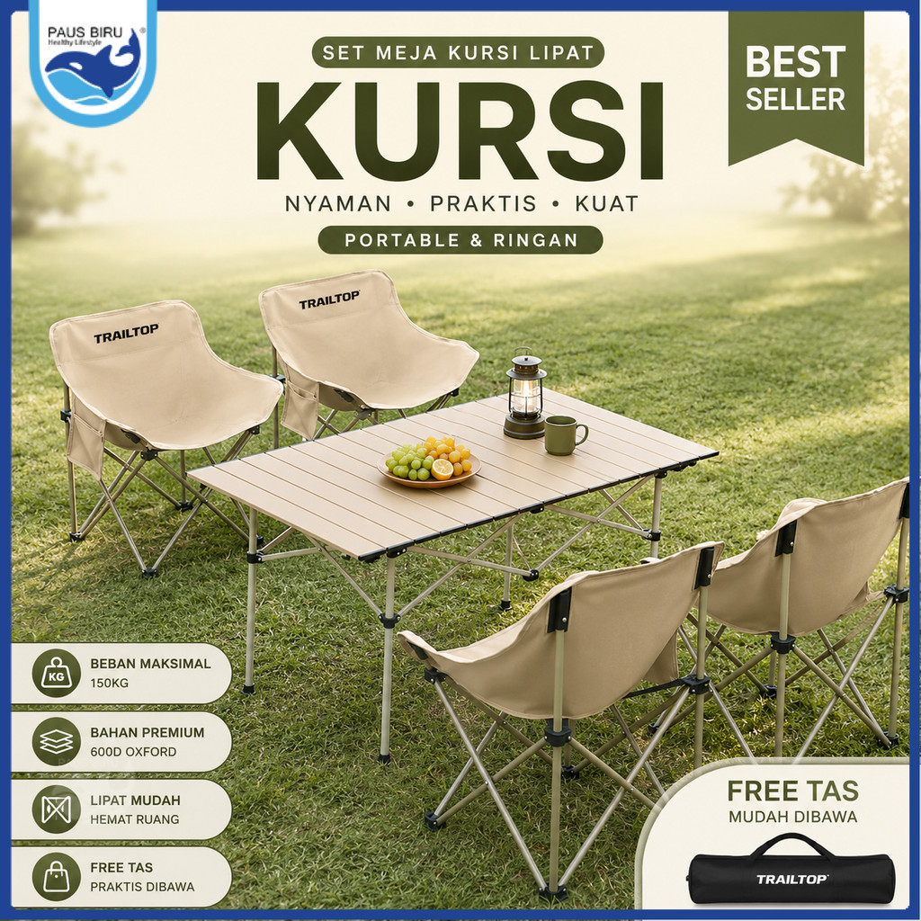 Paus Biru - Kursi Lipat Sandaran Tinggi Busa Kursi Camping Beban 150kg