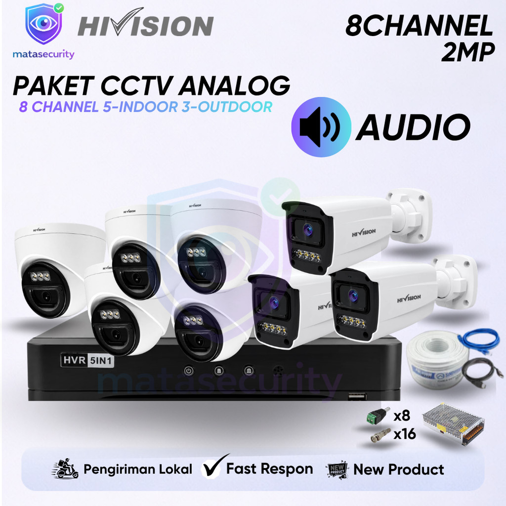 Paket CCTV Lengkap 8 Kamera Analog HiVision Support Audio