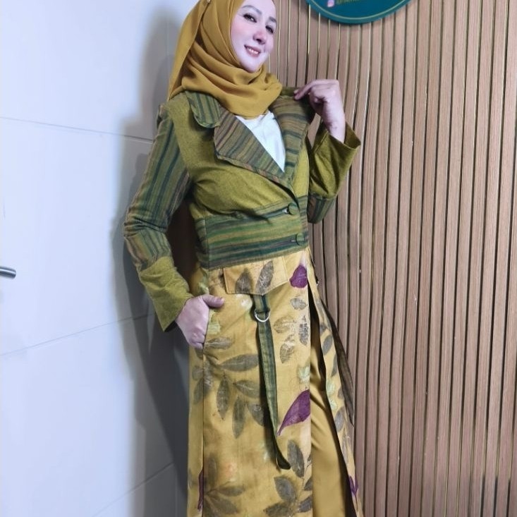 Long Outer Ecoprint - (Puspita Series) by Senandung Canting - Kuning Kunyit mix lurik tenun Hijau