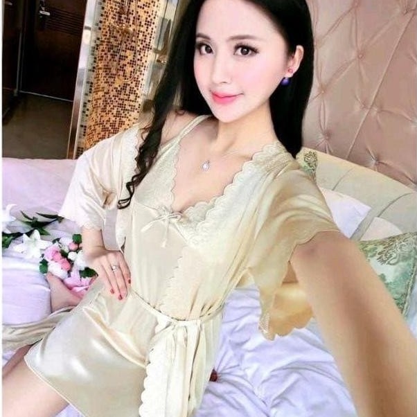 Premium Baju Tidur Wanita Kimono Tricot Set 2In1 Luaran Dan Daleman Lingerie Satin Import Size L & X