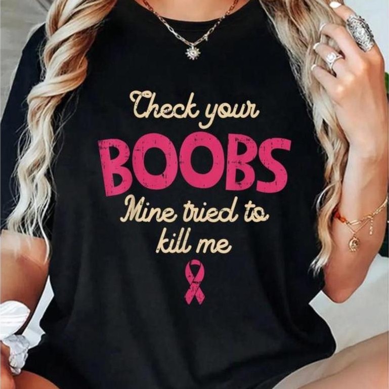 100% Cotton Breast Cancer Awareness Shirt Check Your Boobs Survivor Gift T-Shirt