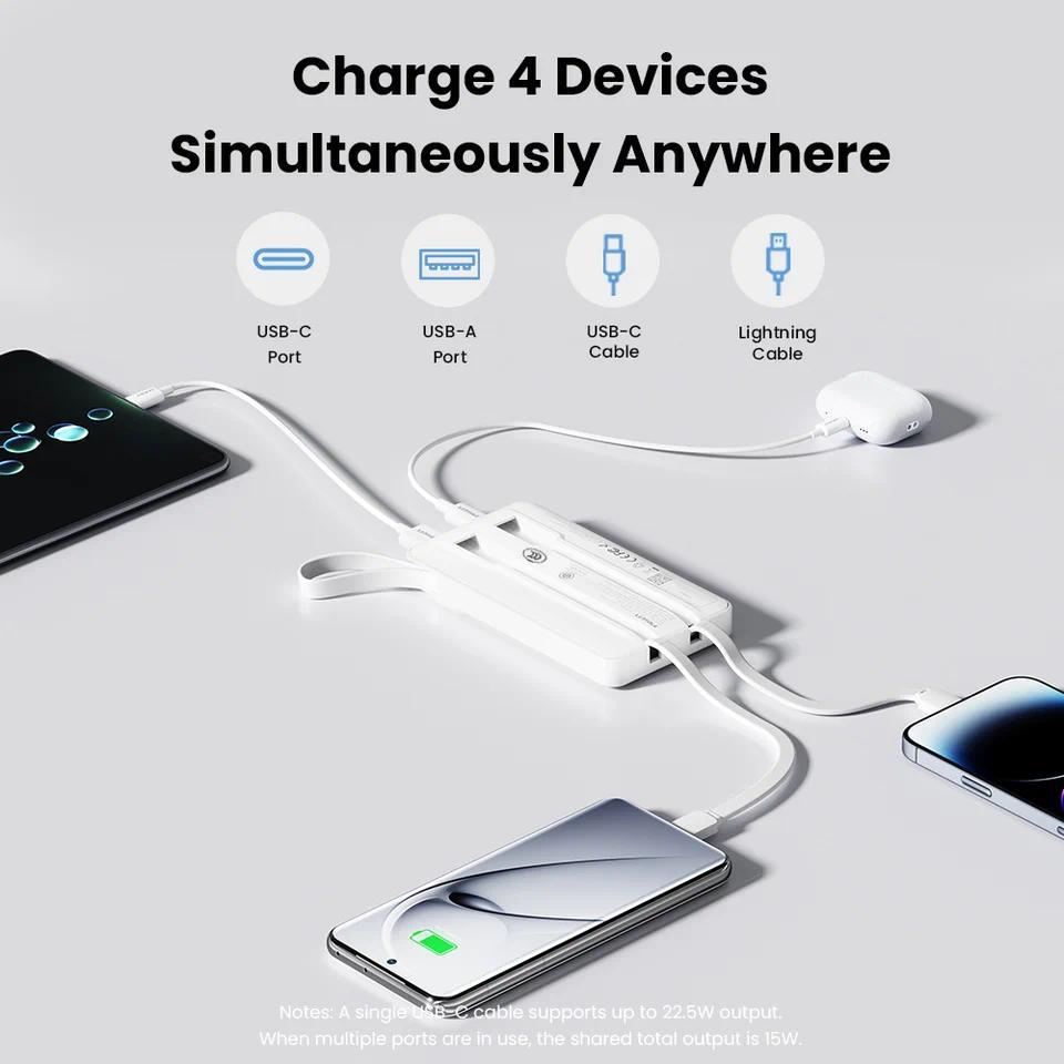 PISEN 3C Certified 22.5W Power Bank 10000mAh/ 20000mAh With Built-in Type C/L Cables Fast Charging P