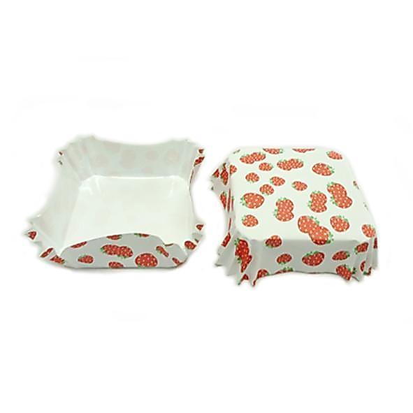 Kertas Roti/Kue Kotak | Pet Coated Square Paper Cup Motif Strawberrry Isi 300pcs/pack Size 80x80x30m