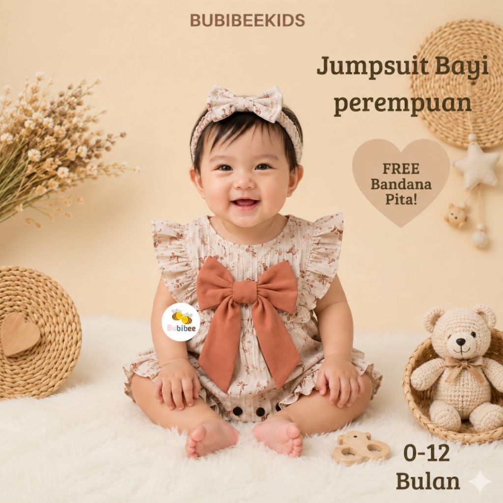 BUBIBEE- GISELLA romper jumpsuit jumper bayi motif pita yang lucu + free headband BUBIBEE
