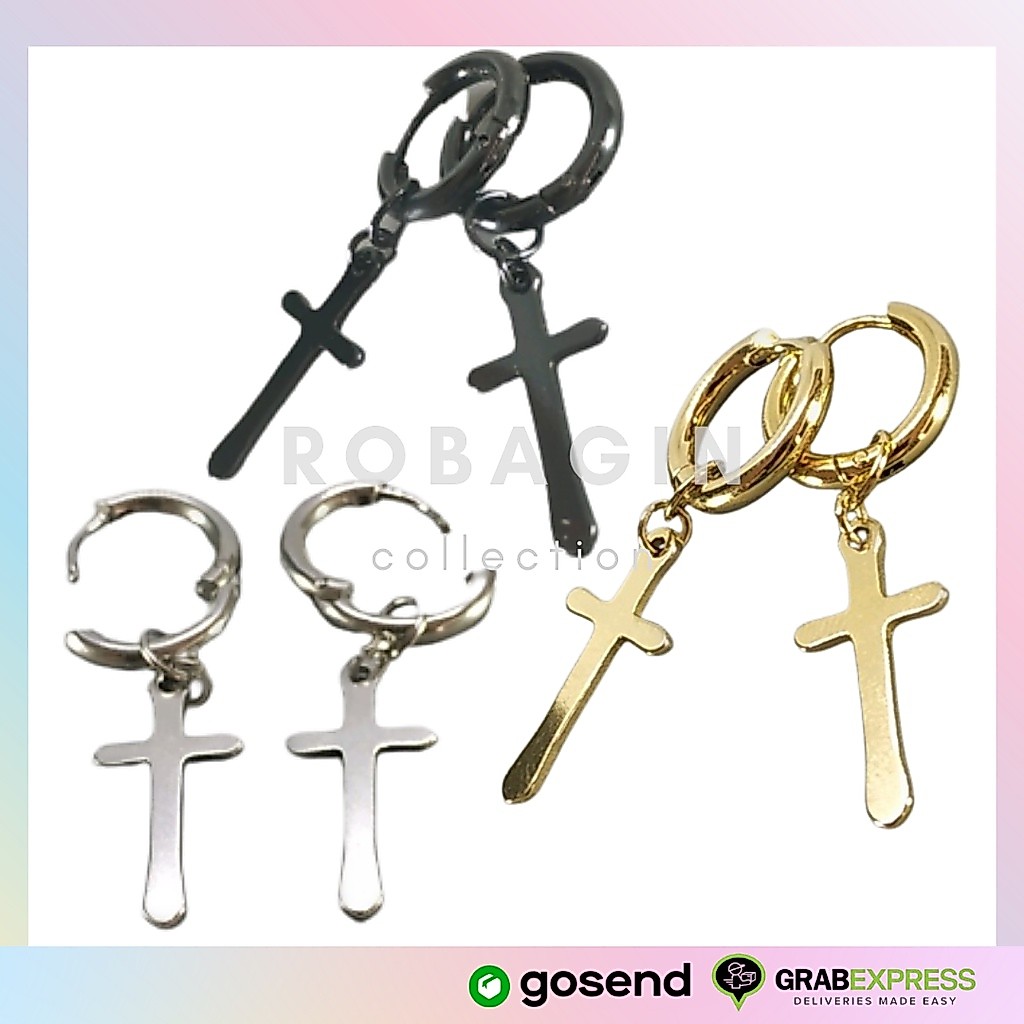 Robagin Ant104 sepasang anting salib pria wanita stainless anti karat perak emas hitam Bts murah