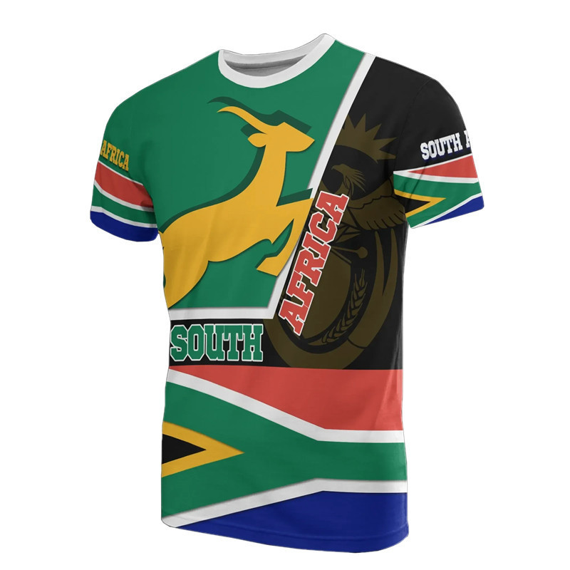 Kaos Fashion Grafis Peta & Bendera Afrika Selatan – Kaos Cetak 3D Springbok untuk Pria – Kaos Beremb
