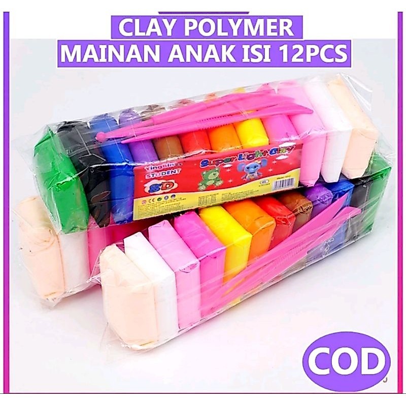 Clay Mainan Anak 1 pack isi 12pcs / Mainan Edukasi Lilin anak / Polymer Clay 12 pcs / Mainan Anak SL