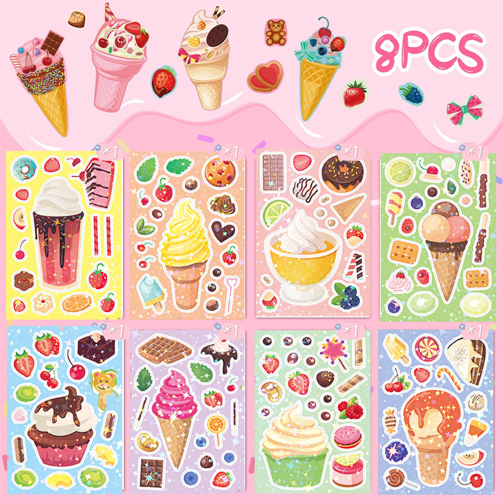 Stiker DIY Kartun Es Krim Lucu 8 Pcs