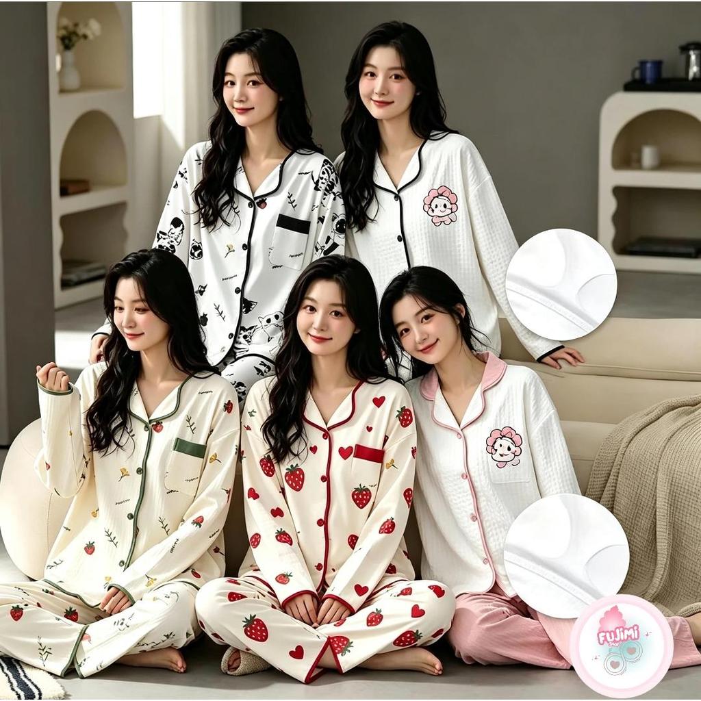 Fujimi Baju Tidur Wanita Setelan Lengan Panjang - Dilengkapi Cup Bra Lembut - Motif Stroberi Kucing 