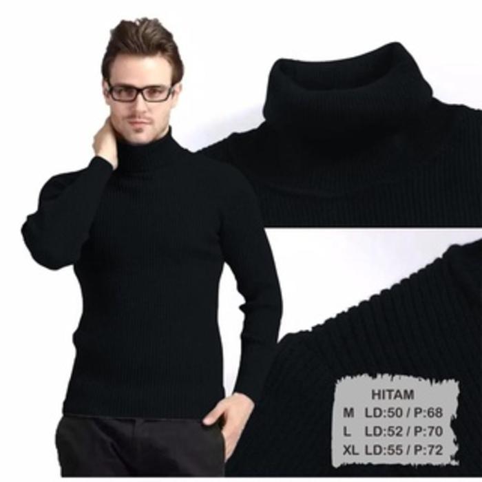 liso wear - Kaos Kerah Leher Tinggi Turtleneck Pria Lengan Panjang Waffle Baju Polos Hitam - Hitam, 