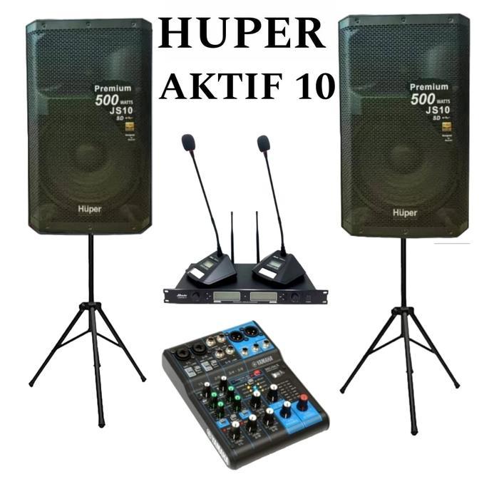 Paket Speaker Aktif Huper 10 Inch, Mixer Yamaha, 2 Mic Wireless Meja Conference