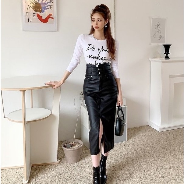 Rok Kulit PU Rok Midi Wanita Korea Style Model Terkini 2022