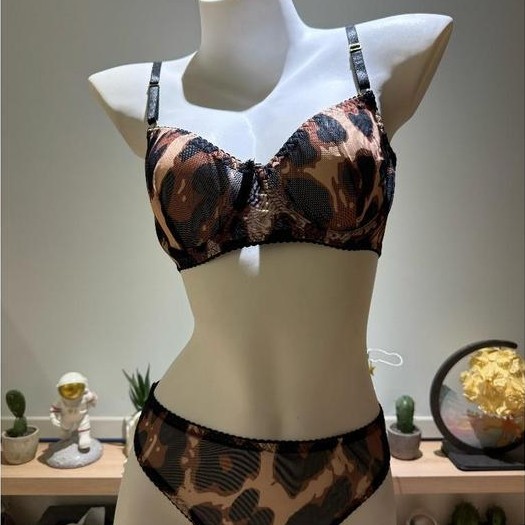 N7457  linge bra set pakaian dalam  wanita bra berkawat leopard