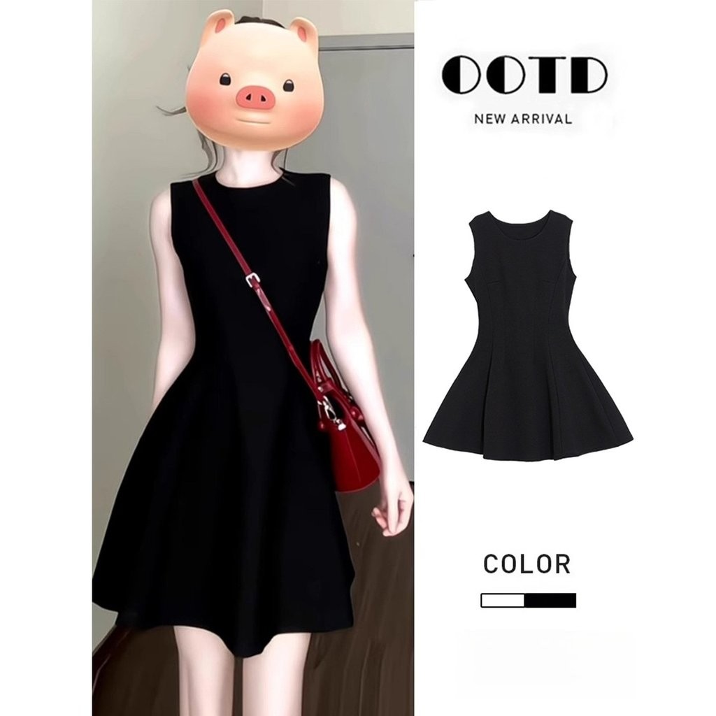 [Lucky Muse]Gaun mewah, elegan, pas di pinggang, gaun tanpa lengan, gaun hitam model A-line.