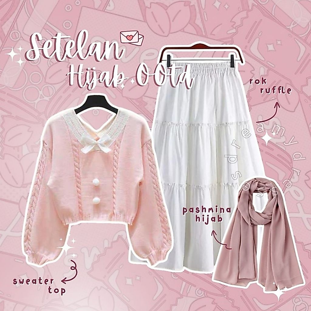Set Outfit Wanita 3in1 Sweater Rajut Oversize Rok Ruffle Pashmina Korean Style