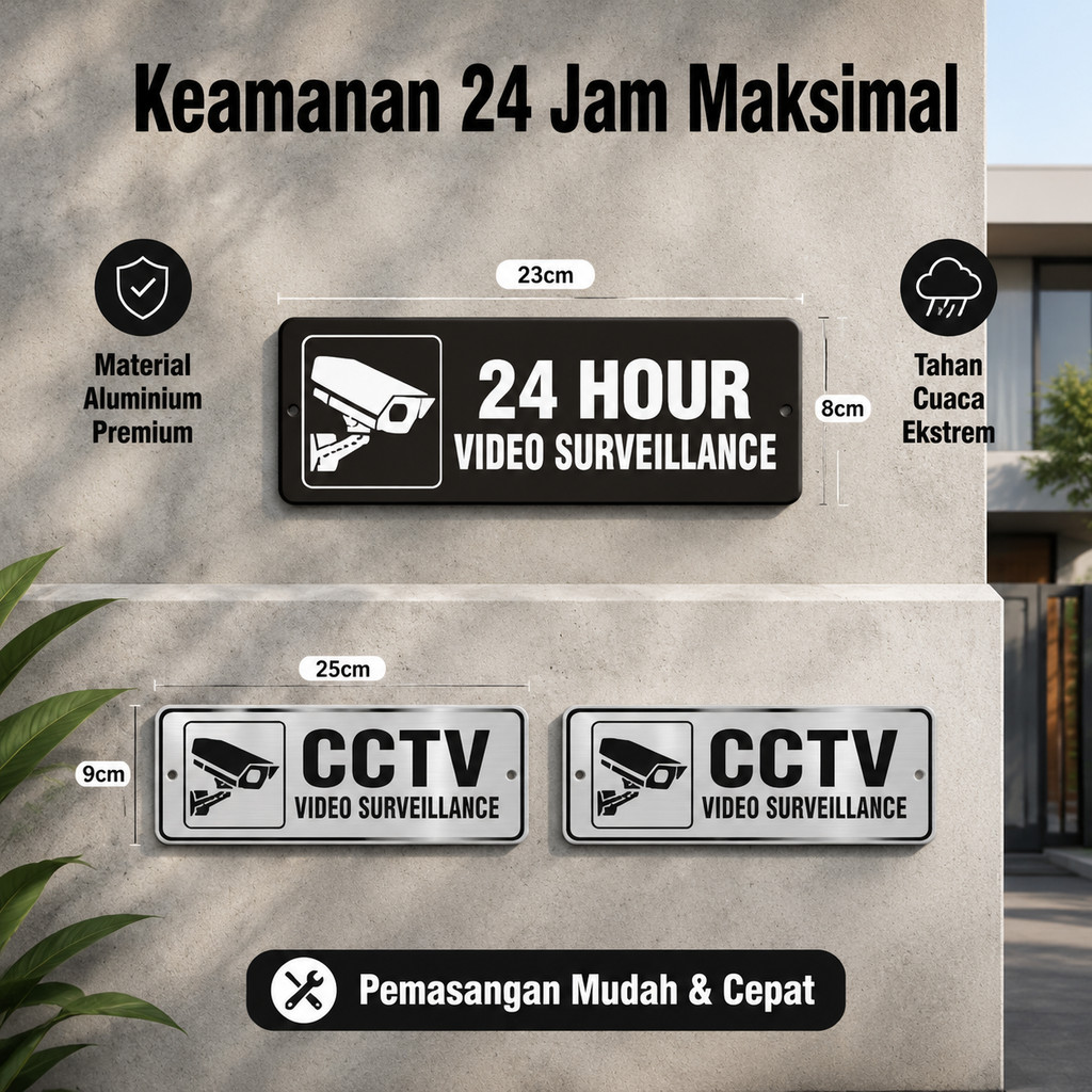 Papan Tanda CCTV 24 Jam Aluminium Premium Anti Cuaca Plat Peringatan Pengawasan Kamera CCTV Area Pen