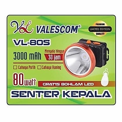 Senter Kepala 80 Watt Cahaya Putih/ KUNING valescom VL-80s BONUS BOHLAM 7 WAT