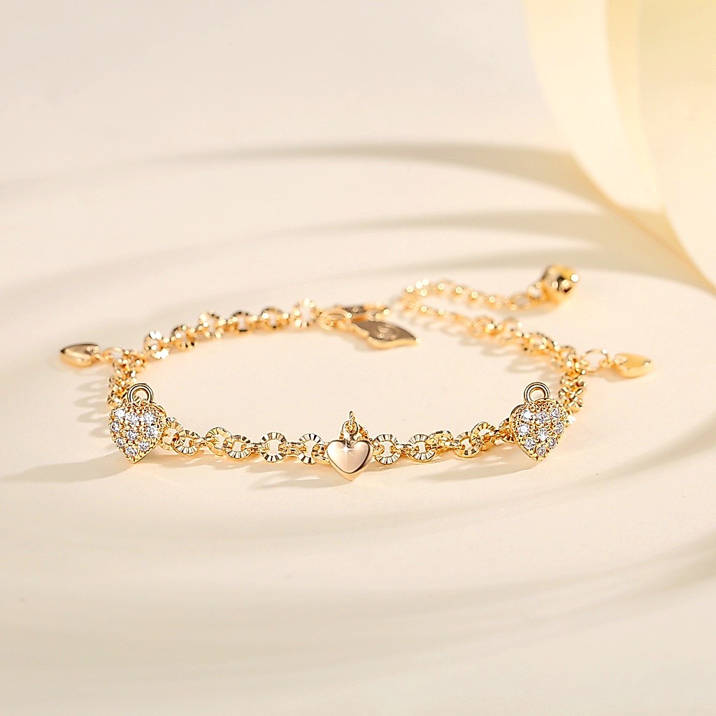 Lanmi Jewelry Gelang Wanita Titanium Anti Karat Mewah Berlapis Emas Love Heart Gelang Korean Style A