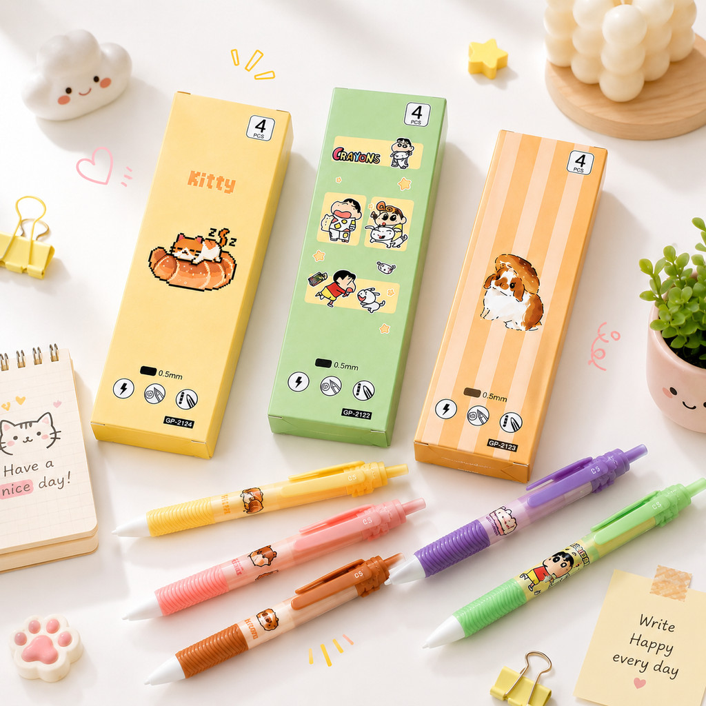 Pulpen Gel Kitty Shinchan Set 4Pcs Pulpen Lucu Aesthetic Tinta Hitam
