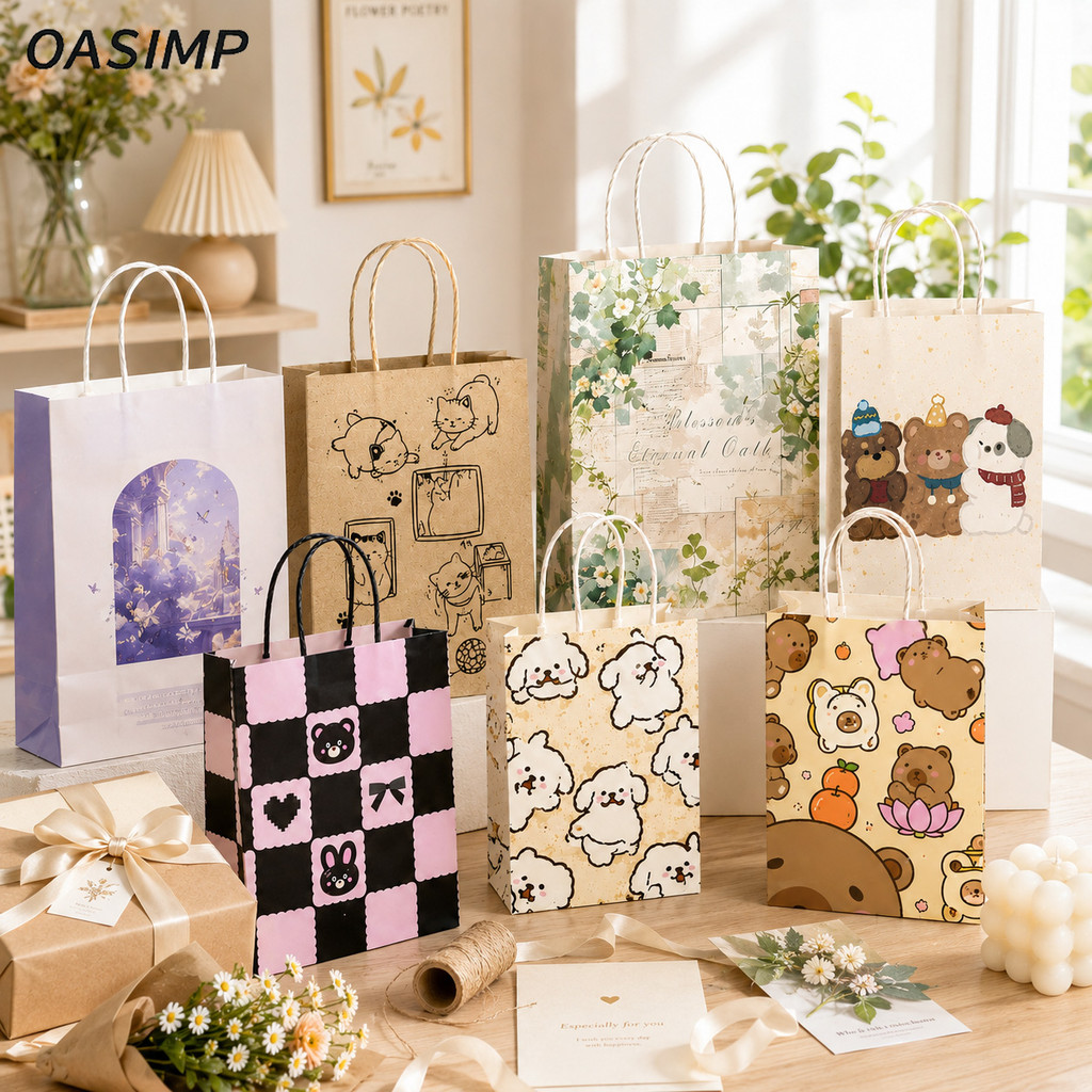 OASIMP Tas Kertas Kraft Kemasan Hadiah Festival Tas Jinjing Cetak Kemasan Minuman Teh Roti Bakery