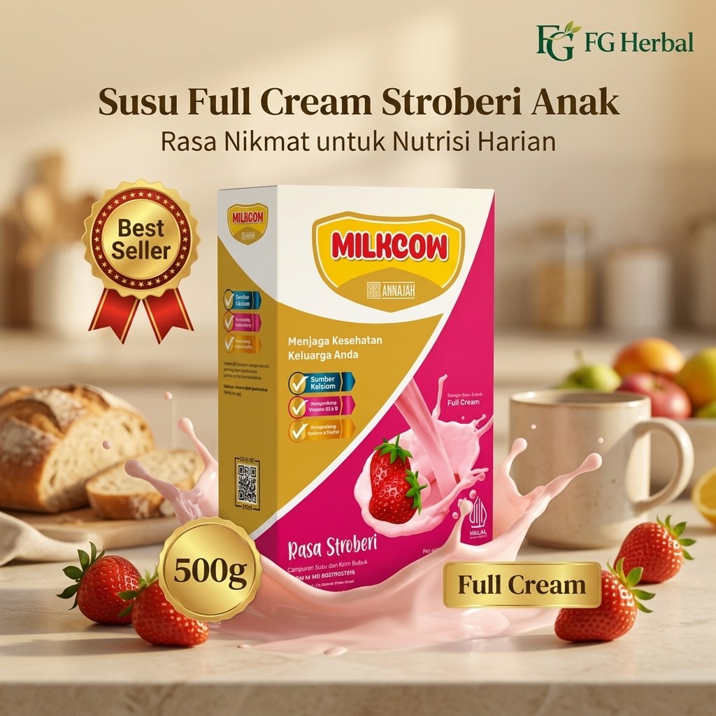 MILKCOW Susu Full Cream Stroberi 500gr Susu Bubuk Rasa Strawberry Creamy Favorit Anak