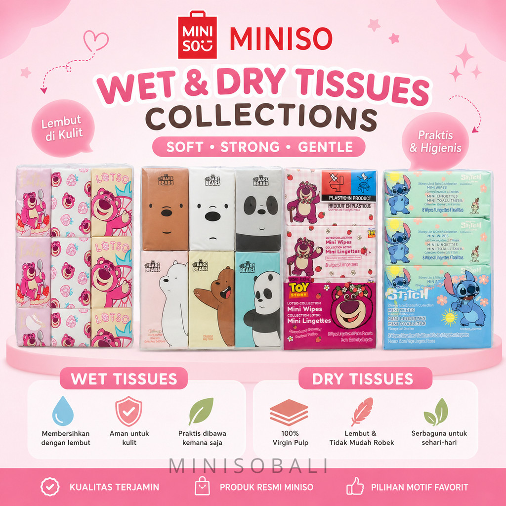 Official BALI MINISO Daily Wipes / Tisu Basah Isi 20 Lembar Daily Wipes Green Tea Aloe Vera Tisu Bas