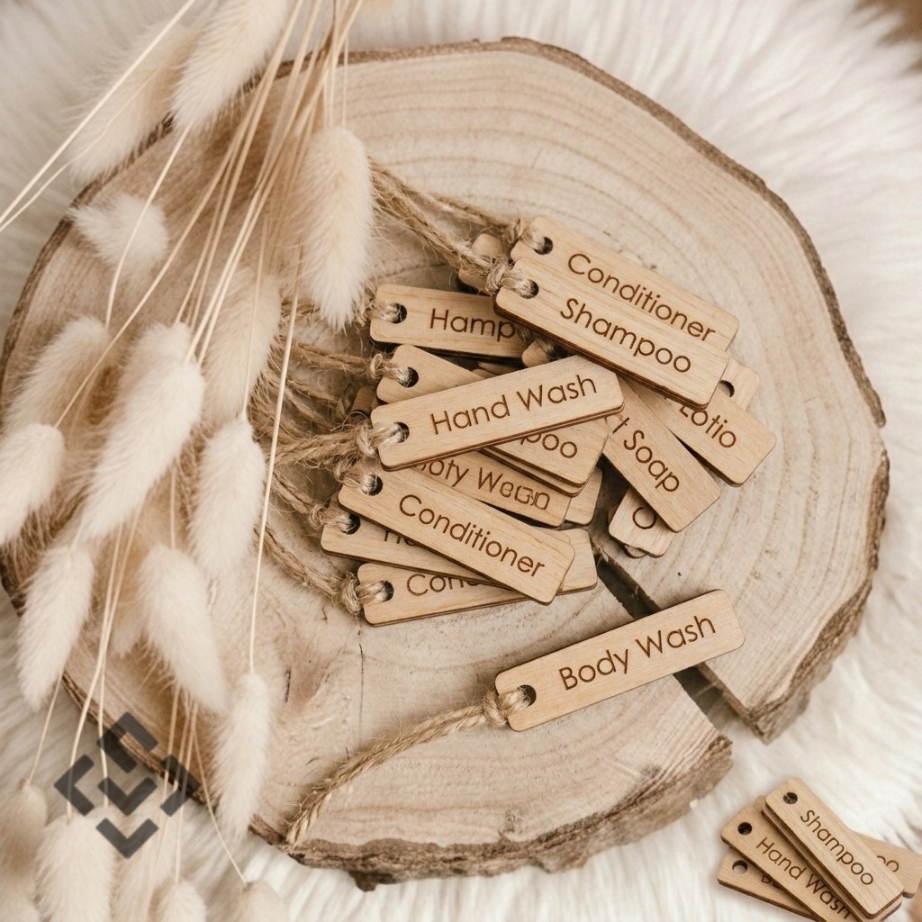 Label Nama Kayu Custom Laser | Tag Kayu Souvenir Handmade Branding Produk
