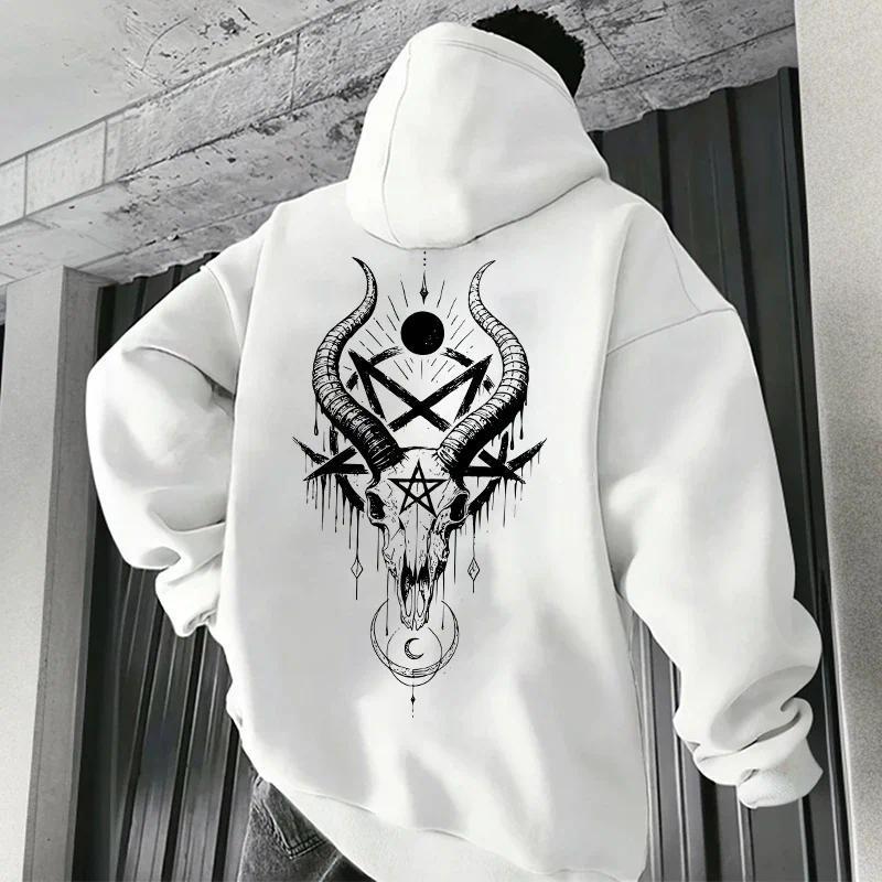 Hoodie Pria Wanita Baphomet Gaya Gothic Demonic Horror Face Print Streetwear Casual Pullover