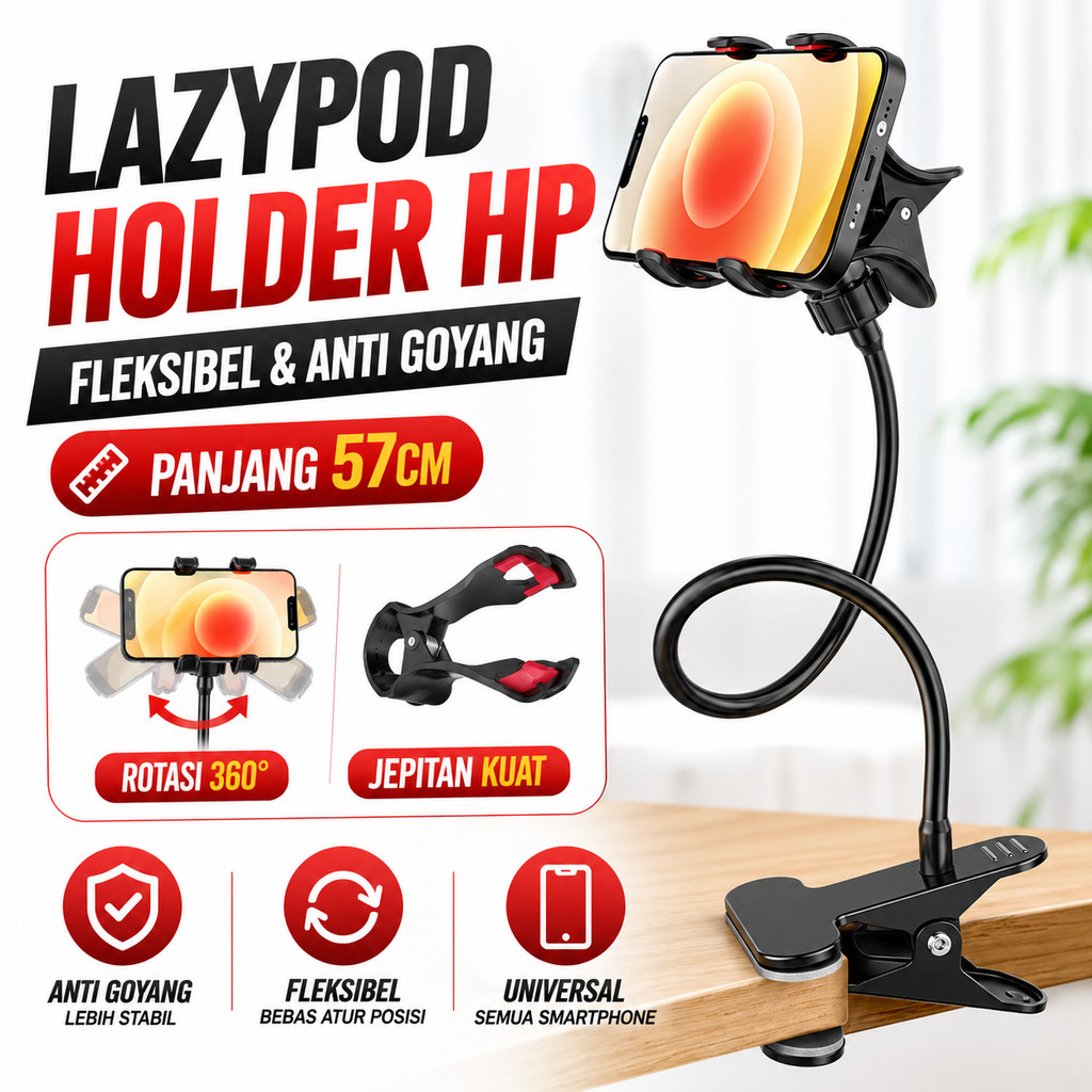 Lazypod Holder HP Clamp Meja Fleksibel 57cm Rotasi 360° Stand Smartphone Universal Anti Goyang Lenga