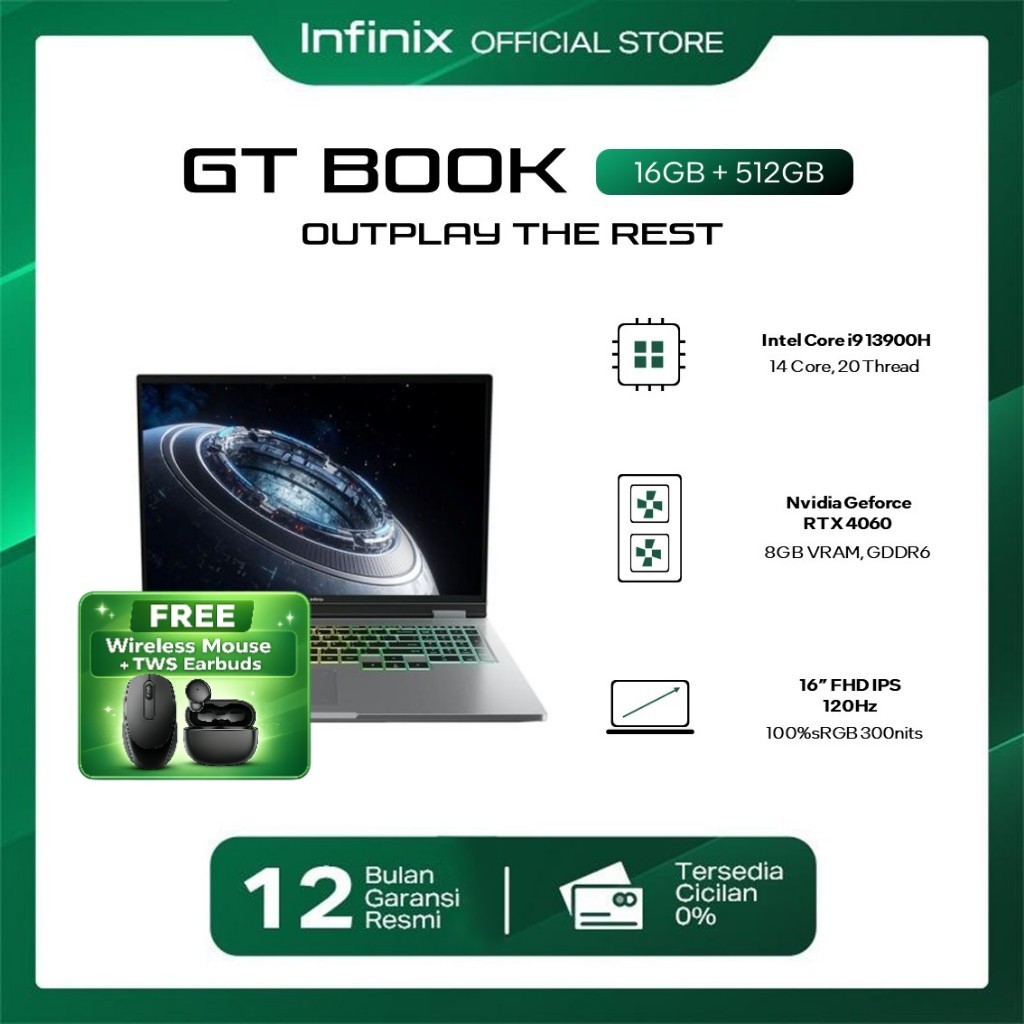 LAPTOP GAMING INFINIX GTBOOK I9 13900H RTX4060 16GB 512GB W11 16.0FHD 120HZ 100SRGB