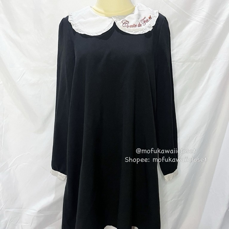[READY Daily Kawaii Y2K Coquette Mori Goth Vintage Outfit] Amavel Black Dress Emboridery Cats on Whi