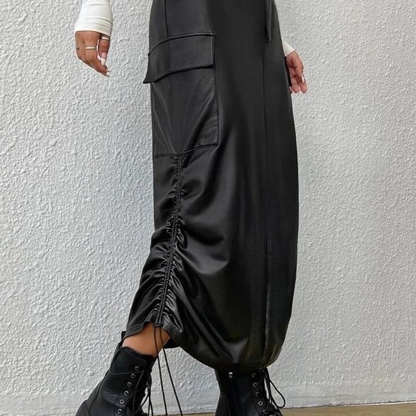Riseleather.id - Rok Kulit Wanita Panjang Double Serut