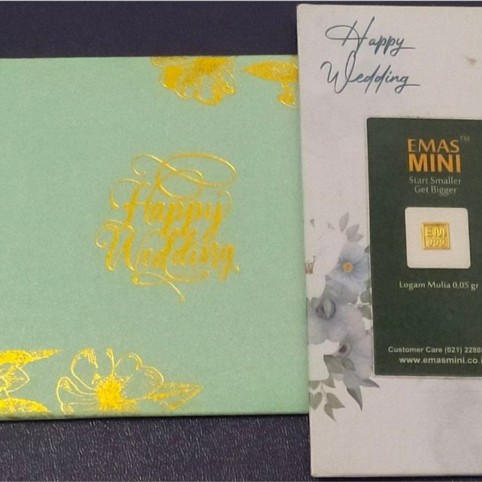 Logam Mulia Emas Emas Mini 0,05 Gram Happy Wedding lengkap dengan Amplop