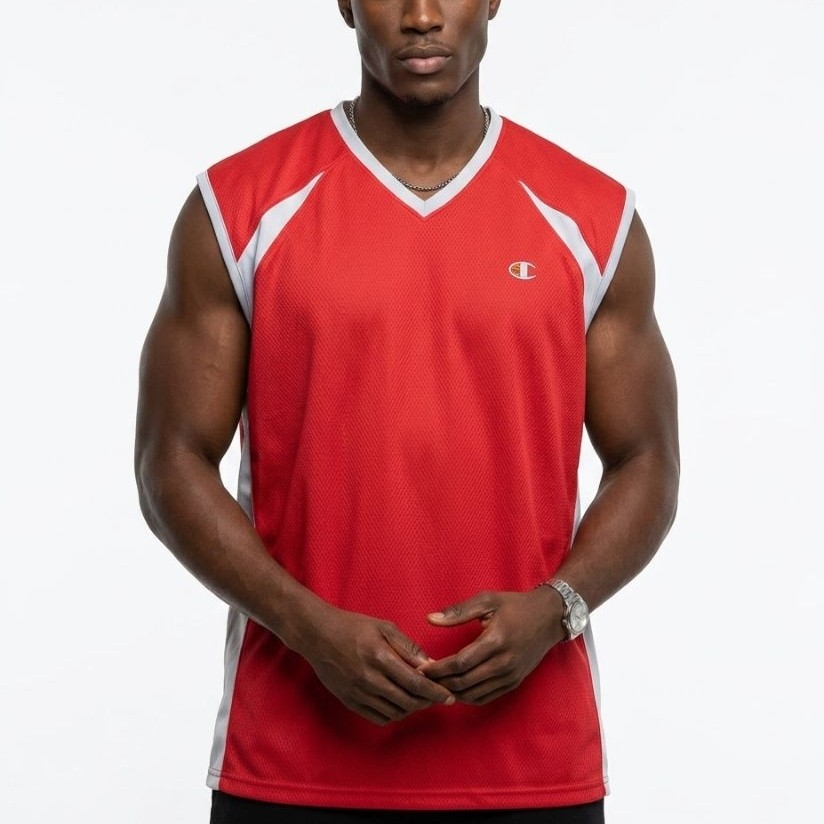 (Jersey Branded) Champion Basketball Men's Red Mesh Silver Tipped Sleeveless Basketball Jersey