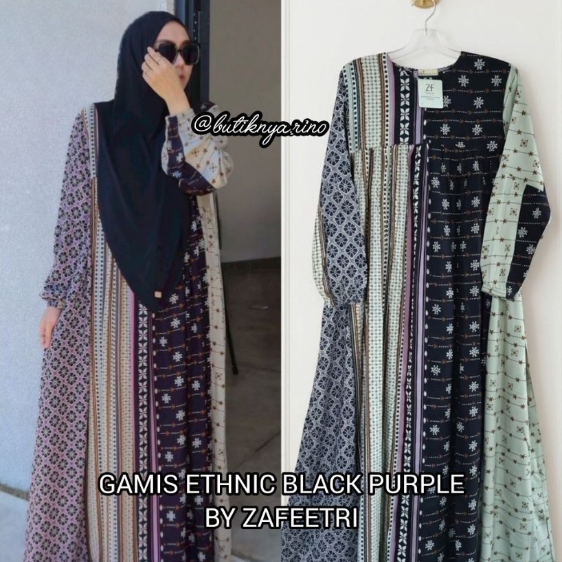 GAMIS BASIC ETHNIC BLACK PURPLE BY ZAFEETRI (GAMIS SAJA) // GAMIS SYARI MOTIF ETNIK