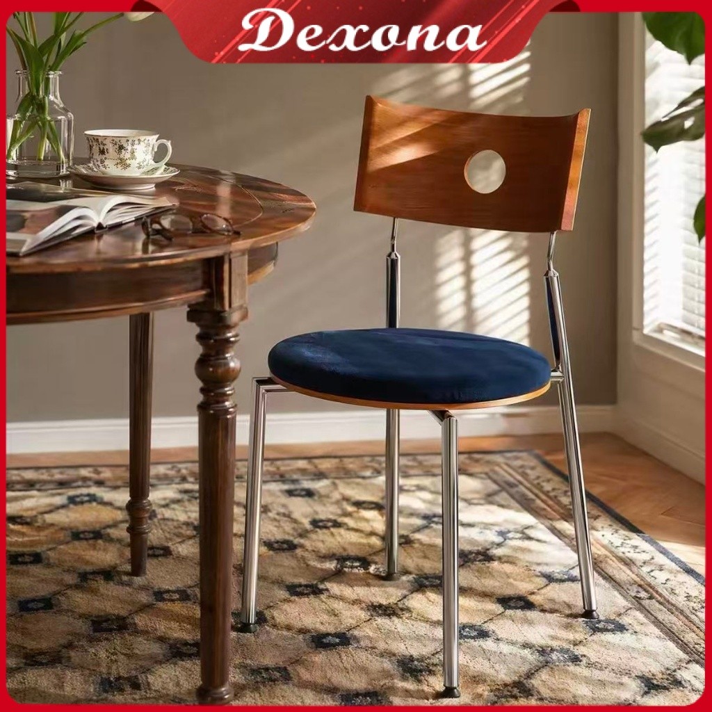 Kursi Makan Vintage Kayu Sandaran Dudukan Velvet Kaki Stainless Steel zyp