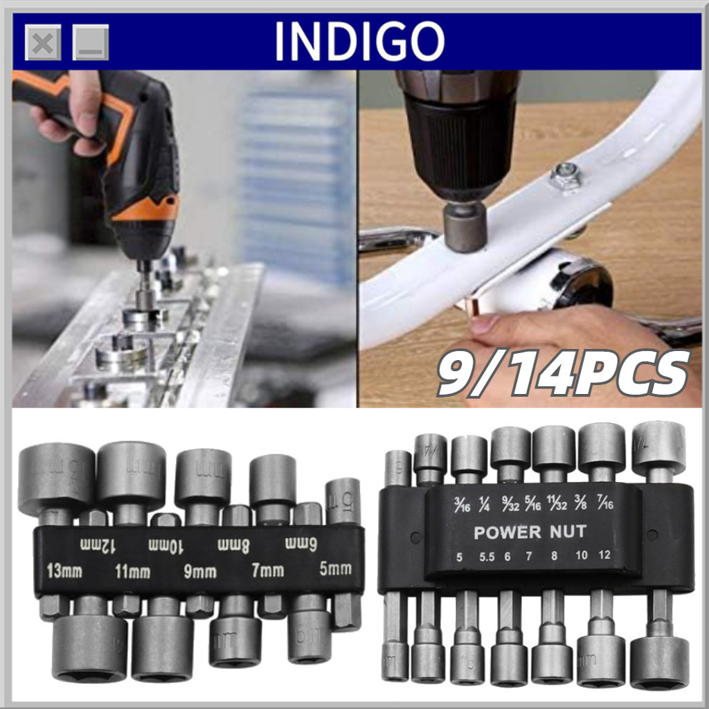 9pcs/14pcs Kunci Sok Mata Bor Hex Nut Driver Set Kunci Sok Socket
