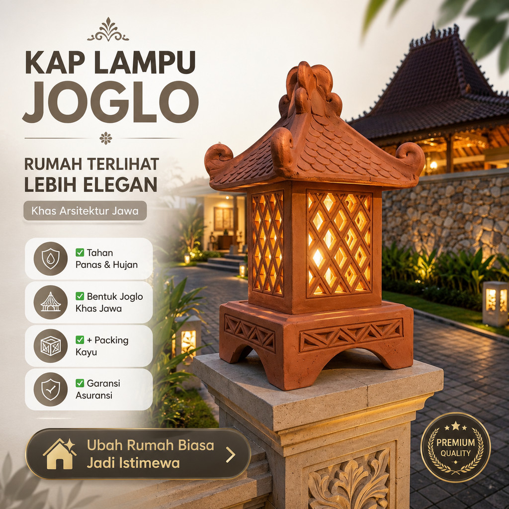 Kap Lampu Taman Outdoor Joglo Gerabah Tanah Liat - Atap 23x23 cm + Packing Kayu