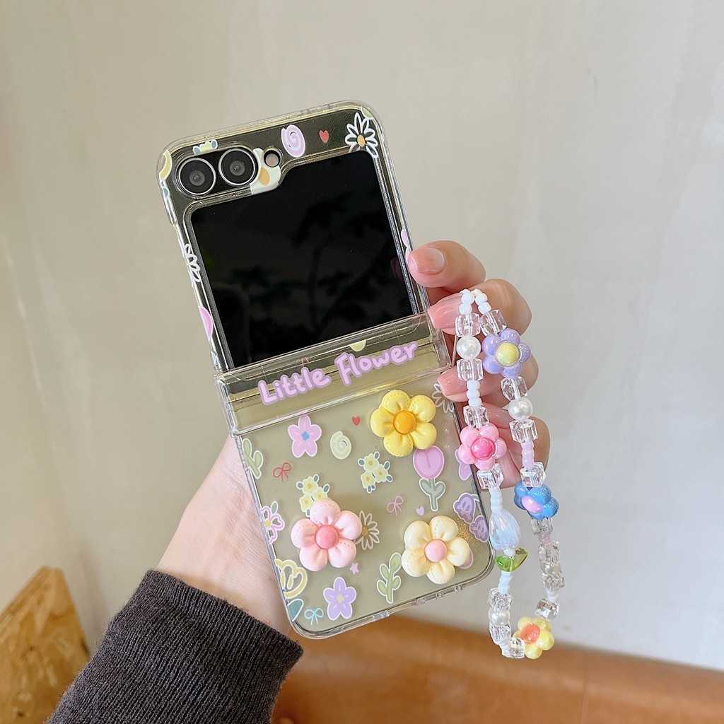 Casing Ponsel Kuning Transparan Bunga Busur 3D Korea Lucu dengan Rantai Gelang untuk Samsung Galaxy 