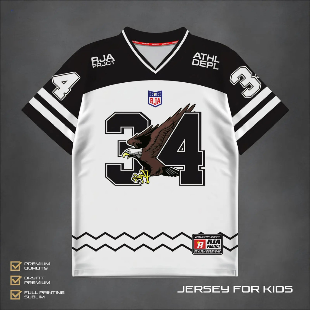 Jersey Anak Motif Elang Number 34 Premium | Jersey Kids Printing Sublim Elang Hitam Putih | Baju Ola