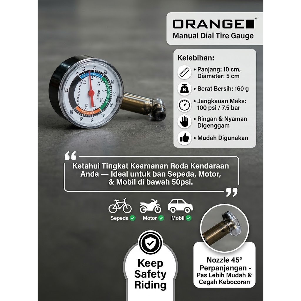 Tire Pressure Gauge ORANGE Alat Tester Ukur Tekanan Angin Ban TPMS Pengukur Angin Ban Jarum DIAL TIR