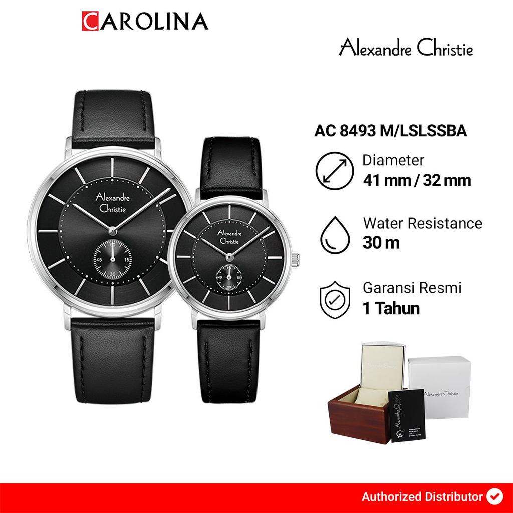 Jam Tangan Couple Alexandre Christie Classic AC 8493 M/LSLSSBA Black Dial Black Leather Strap copy