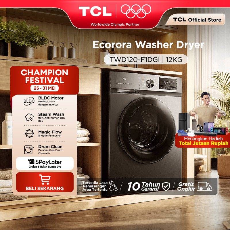 TCL Mesin Cuci Front Loading Washer Dryer 12kg C1 Series - 100% Kering - Steam Wash - BLDC Motor - K