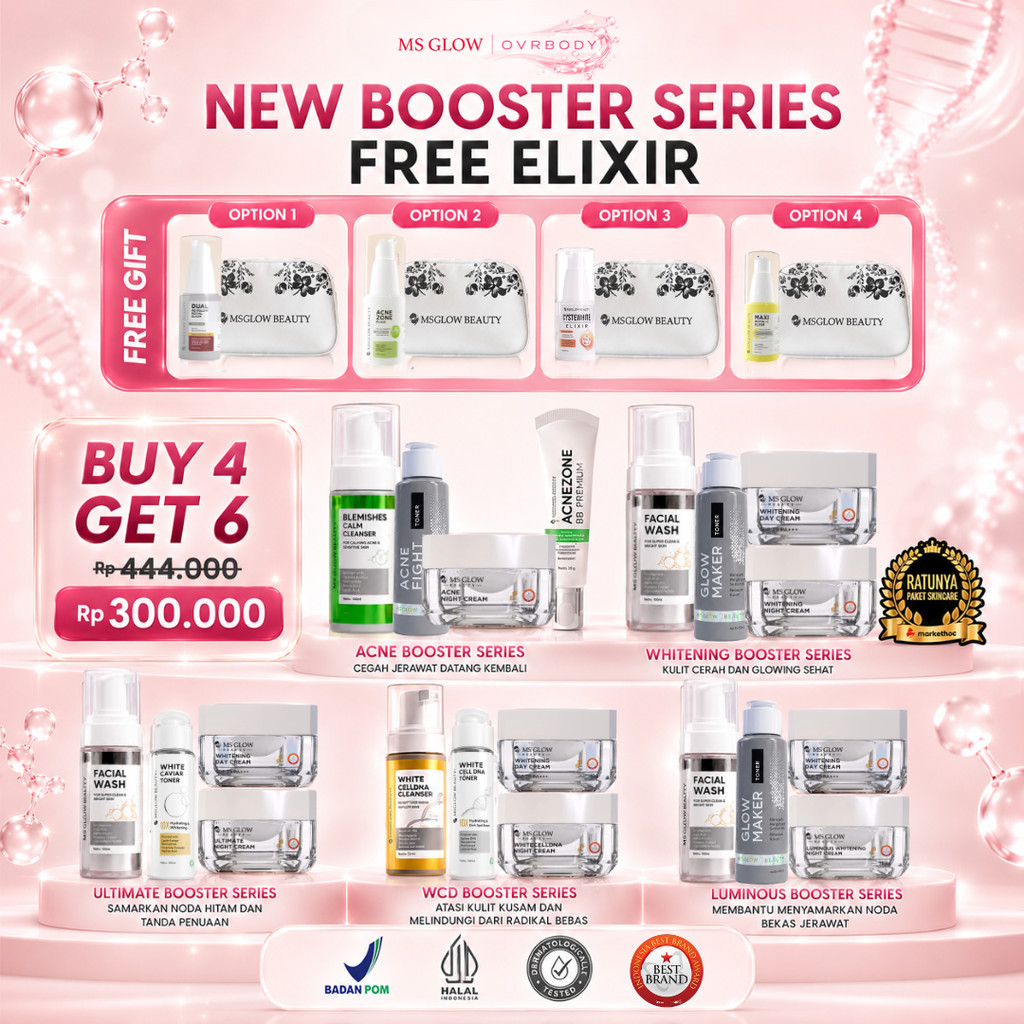 MS GLOW - [BUY 4 GET 6] PAKET WAJAH BOOSTER BB PREMIUM FREE SERUM ELIXIR - MECERAHKAN WAJAH DAN MENY