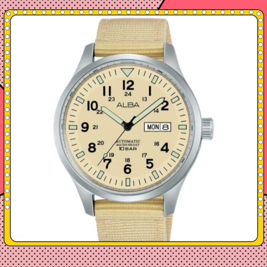 Jam Tanga Pria ALBA Mechanical AL4221X1 al4221 Field Military Automatic Beige Dial Original