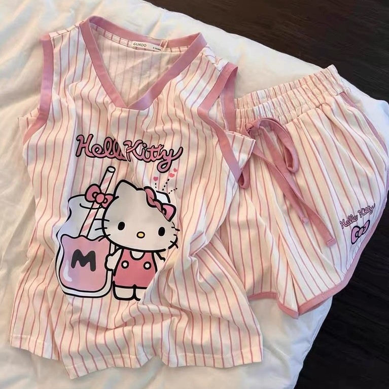 Sanrio Hello Kitty Pajama Set Anime Women's Summer Vest Shorts Suit Leisure Pink Cartoon Stripe