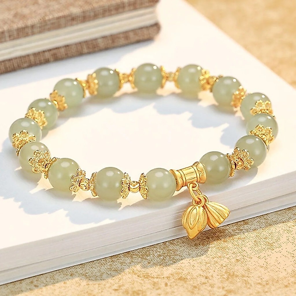 Skinluxe Gelang Teratai Keberuntungan Giok Hijau Alami Gelang Liontin Bunga Teratai Fashion Valley -