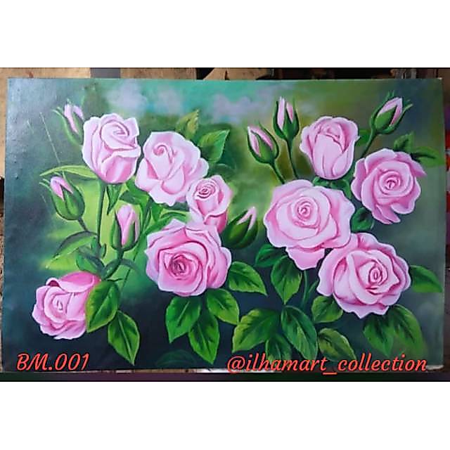 Lukisan Natur Bunga Mawar Asli Buatan Tangan Bukan Cetak ukuran 135x85 / 120x60 / 90x60