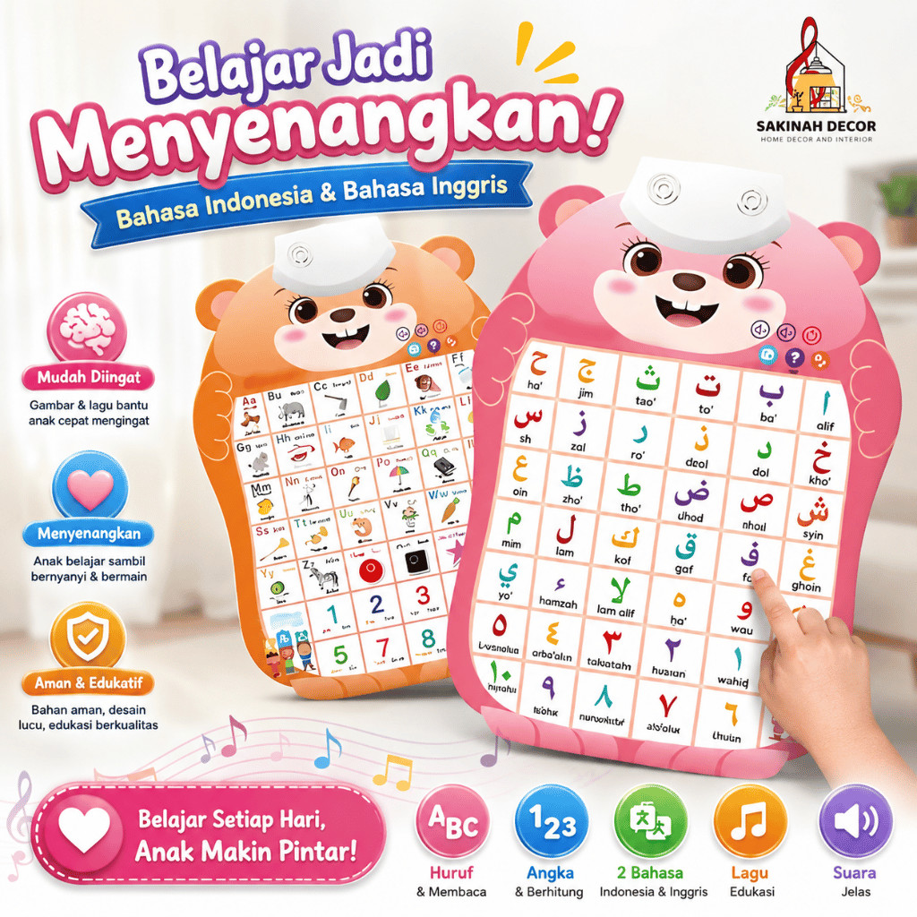 Poster Angka dan Huruf Edukasi Anak Belajar Lengkap Poster Dinding Abjad, Hijaiyah, Hewan,